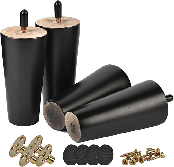 5 inch Solid Wood Furniture Legs, 4Pcs Mid-Century Modern Black Wooden Replacement Feet with Threaded M8 Hanger Bolts & Mounting Plate & Screws for Sofa Couch Armchair Cabinet TV Stand