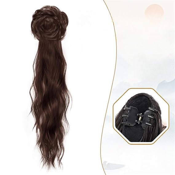 Fangool Chinese Style Women Wig Geisha Headband Wigs Ancient Chinese Headwear Wig Bun Hair Pieces Hanfu Headdress Cosplay Wigs(Deep Brown)