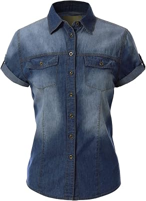 Design by Olivia Womens Cap Sleeve Button Down Denim Chambray Shirt