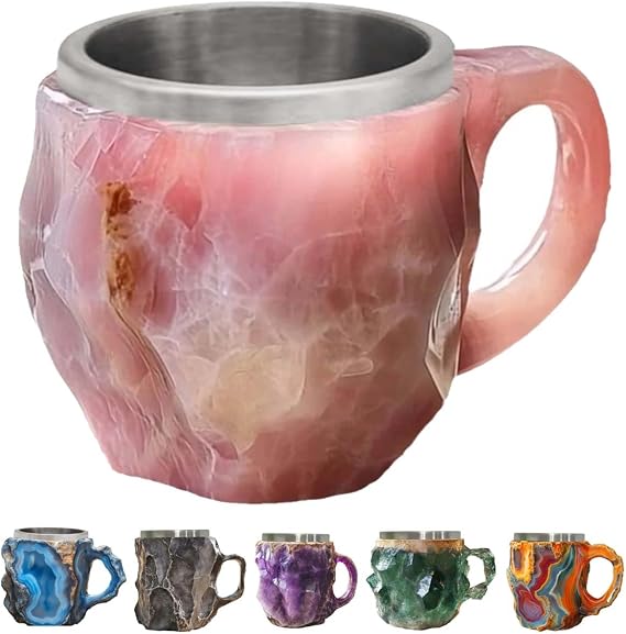CYANLUX Mineral Crystal Coffee Mug, 400ml Translucent Pink Onyx Crystal Mug with Handle