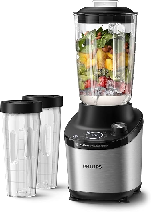 Philip 7000 Series Blender Stainless Steel 1500 W Smoothiemaker 2L Capacity Variable Speed Glass Container Touch Display Includes 2 To-Go Cups (HR3760/10)