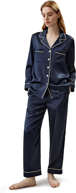 LilySilk Silk Pajamas for Women Gold Piping 100% Silk Pajama Set for Ladies Washable