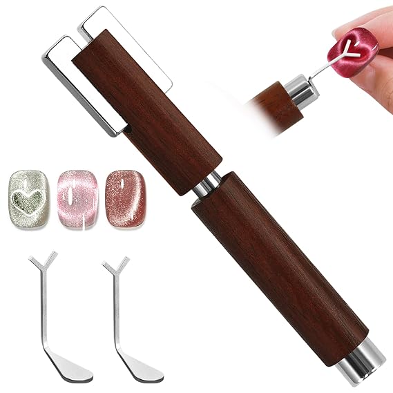 Heart Cat Eye Magnet for Nails,Multifunctional Nail Magnet Set,Detachable Design, Strong Magnet for Nails+2PC Y Shaped for DIY Manicure Kit(Large-Walnut Black)