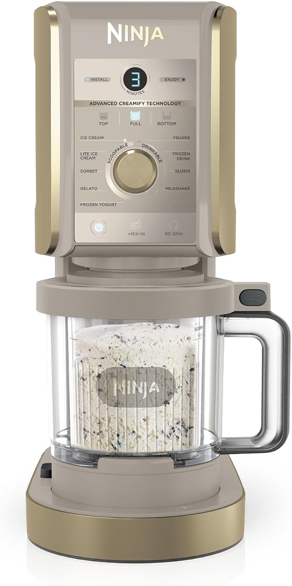 Ninja CREAMi Deluxe Ice Cream Maker and Frozen Dessert Maker, NC501UKSTGD | 10 Functions, Makes Ice Cream Slushi and More, 2-in-1 Flavour Option, Stone Gold