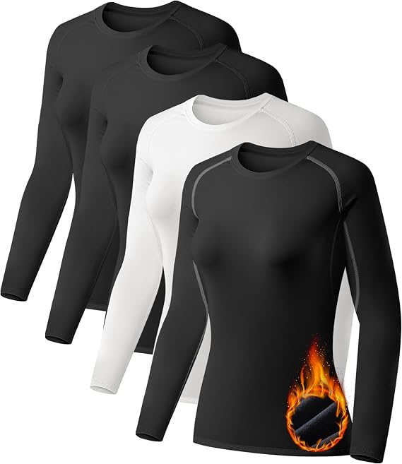 TELALEO 4 Pack Thermal Shirts Women Fleece Lined Long Sleeve Compression | 4 pack women thermal underwear and warm undershirt; fleece lined athletic baselayer tops for winter running cold weather