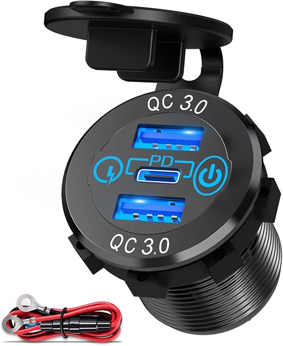 12v USB C Car Charger Socket - 12v USB Outlet Aluminum Metal 20W PD Type-C and 18W QC3.0 Multi Car USB Ports with Touch Switch Car Outlet Waterproof for Car Boat Marine RV Golf Cart Motorcycle