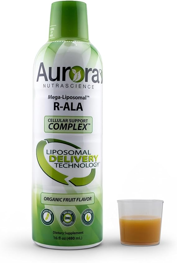 Vida Lifescience Aurora Nutrascience Mega-Liposomal R-ALA Cellular Support Complex, 200mg R-Alpha Lipoic Acid, Gluten Free, Non-GMO, Sugar Free, Organic, Fruit Flavor, 32 Servings, 16 fl oz