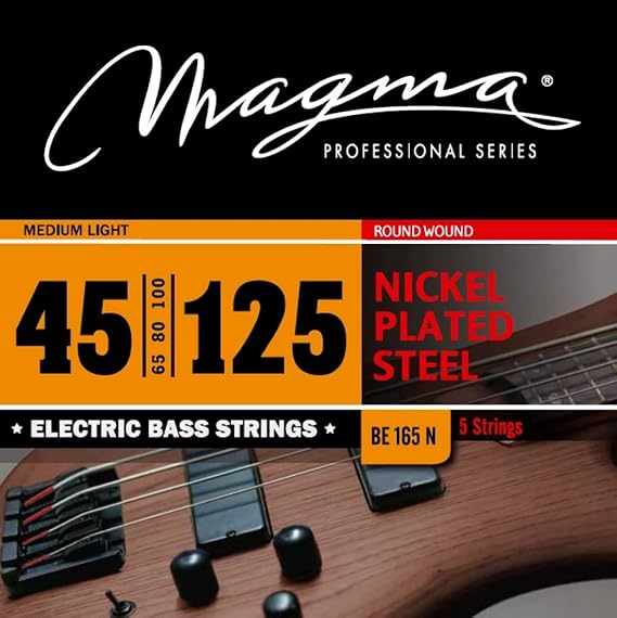 Magma Electric Bass Strings Medium Light - Nickel Plated Steel Round Wound - Long Scale 34" 5 Strings Set, .045 - .125 (BE165N) - 1 SET