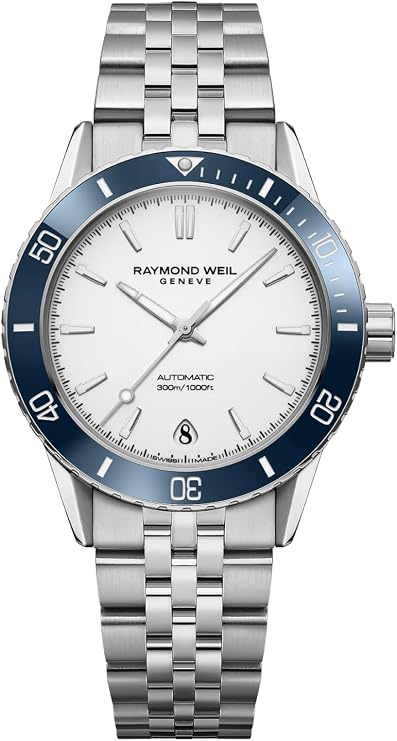 RAYMOND WEIL Freelancer Diver Automatic Watch, White Dial with Indexes, Stainless Steel Bracelet, 36 mm (Model: 2755-ST3-30001)