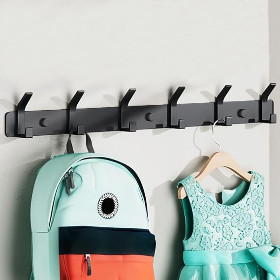 Coat Hooks Wall Mounted, Heavy Duty Coat Racks With 6 Hooks, Modern Hanger Rack for Hanging, Rustproof Clothes Hooks for Bedroom Office Entryway (Black)
