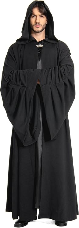Mens Hooded Cloak Robe Tunic Knight Cosplay Halloween Costume Black Outfits 2 pieces
