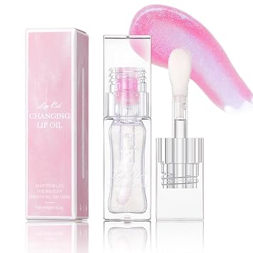 Magic Color Changing Lip Oil Ph, Glitter Lip Gloss, Upgraded Big Brush Head Moisturizing Lip Oil Long Lasting Nourishing Lip Glow Oil Non-Sticky Primer Lip Tint (# 01, 0.3 Oz)