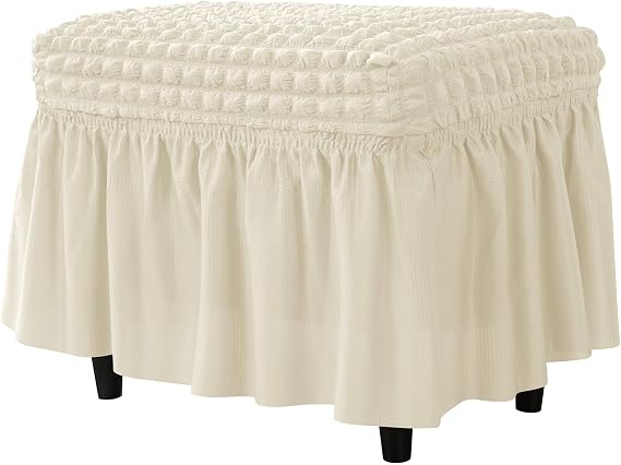 Stretch Seersucker Rectangle Ottoman Cover-Beige-Small