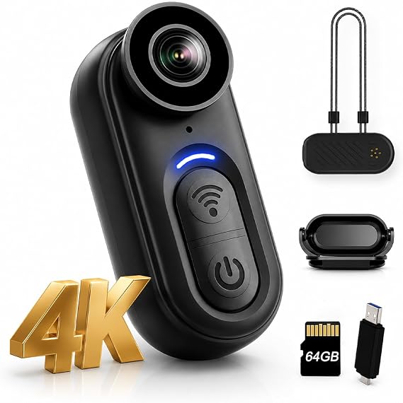 4K Mini Body Camera with Stabilization, Wearable POV Action Cam with 64GB Storage, Magnetic Hands-Free Recording for Cycling, Travel, Work, Daily Vlogging