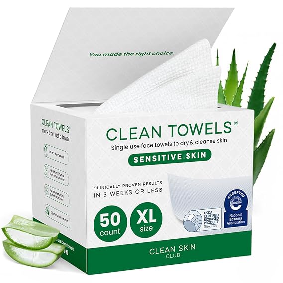 CLEAN SKIN CLUB Sensitive Skin Clean Towels XL, Ultra-Soft Disposable Face Dry Wipes Infused with Aloe & Glycerin, XL - 1 Pack (50 count)
