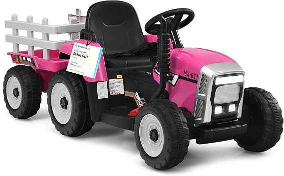 COSTWAY 12 V 3-Speed Tractor with Removable Trailer and 2.4G Remote Control Children's Ride-on Tractor with LED Lights Music Horn & USB Functions Suitable for Children from 3 Years (Pink)
