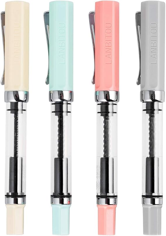 4pcs LANBITOU 3059 Piston Fill Fountain Pens Transparent Pen Set of 4 (F Nib, Color 2)