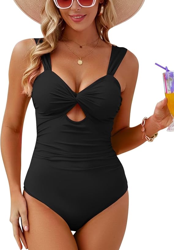 CiCiBird One Piece Swimsuit Women Tummy Control Criss Cross Cut Out Bathing Suit High Waisted Push Up Swimwear Black L