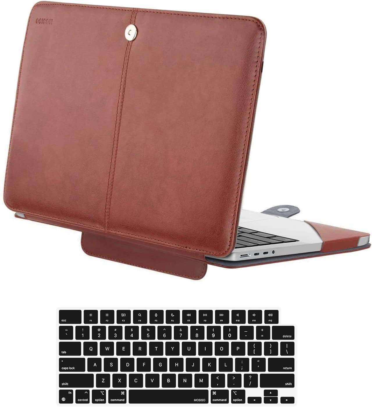 MOSISO Compatible with MacBook Pro 14 inch Case 2024 2023 2022 2021 M4 A3112 A3185 A3401 M3 A2918 A2992 M2 A2779 M1 A2442,PU Leather Folio Protective Stand Cover Sleeve with Keyboard Cover,Brown