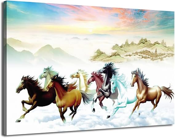 HPUXSYIO Eight Running Horses,running White Horse Animals Canvas Painting Wall Art,running Horses Wall Art,running Horses Poster,eight Horses Painting,horses Painting (8x12inch(20x30cm),Framed)