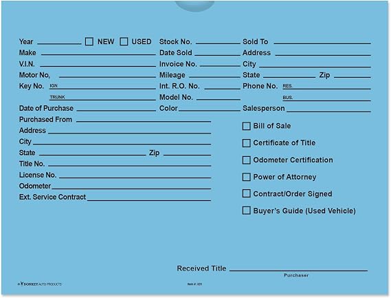 Printed Vehicle Deal Envelopes 9x12 Deal Jackets (100 shrink wrapped) (Blue)