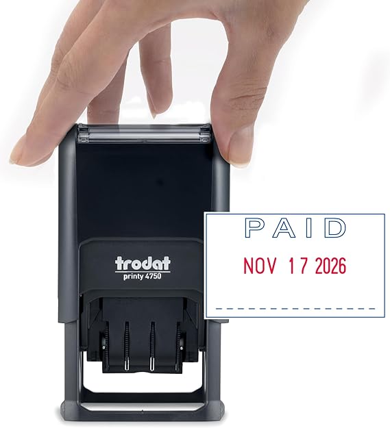 Trodat Printy 4750 Date Stamp with English Message Paid Self Inking, Red Ink Date and Blue Ink Text