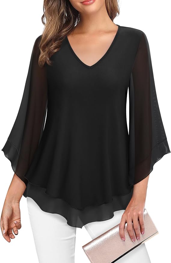 Lotusmile Womens Dressy Blouse Double Layers Mesh Shirt Ruffle 3/4 Flared Sleeve Tunic Tops