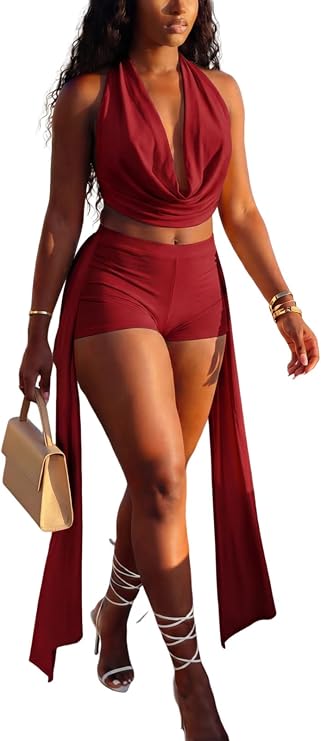 Women Sexy 2 Piece Sets Club Outfits Halter Tops Ribbon Shorts Set Romper