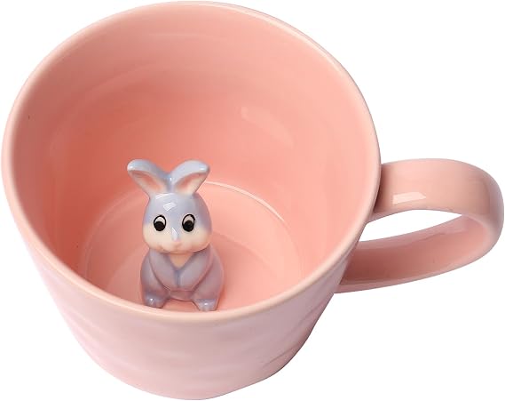 Squirrel Ceramic Mug with 3D Animal Inside, Cartoon Handmade Figurine Mug, Cute Coffee Mug with Interesting Design, Holiday and Birthday Gift for Coffee and Milk Tea Lovers (Rabbit)