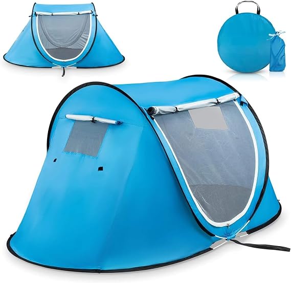 Pop Up Tent - Portable Tent for Camping 2 Person Pop Up with Double Doors - Water-Resistant and UV Protection - Foldable Cabana with Zipper and Carrying Bag - Sky Blue, 88.6"x47.2"x37.4"