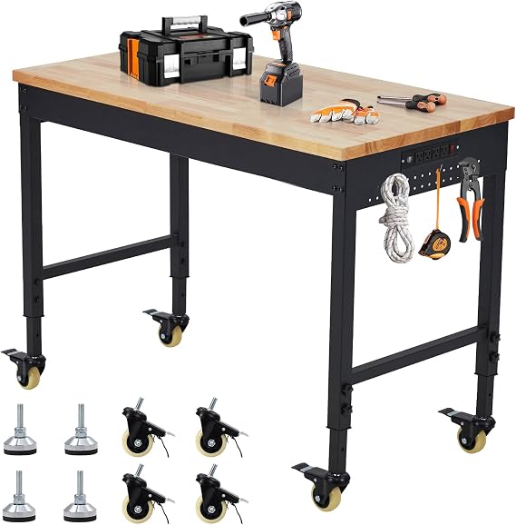 Workbench 60x22 Inch, Adjustable Height Worktable for Garage, Rubber Wood Top & Cold-Rolled Steel Table Workbench, Heavy Duty Workstation with Power Outlets & Wheels, 2000 Lbs Load Capacity