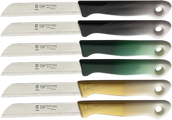 SMI 6 Pcs Paring Knife Set Serrated Solingen Germany Vegetable Knife Fruit Kitchen Knife Flexible, (color 2 black 2 gold 2 green)