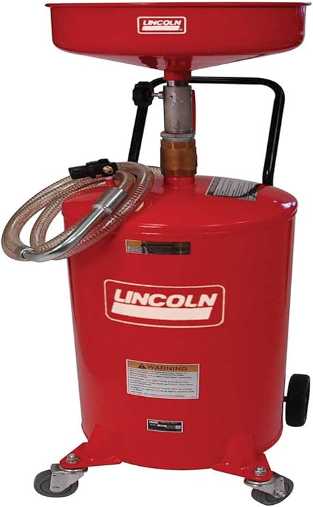 Lincoln 3601 Pneumatic 18 Gallon Pressurized Fluid Drain and Evacuation Tank, 45-72" Adjustable Funnel Height, Fluid Level Indicator, 14" Bowl, 150 PSI, 3" Swivel Casters, Steel Construction, Red