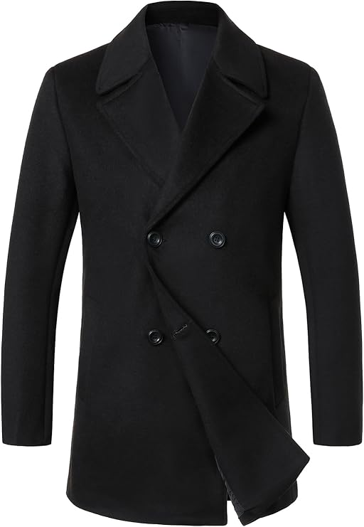 HOOD CREW Men's Classic Double Breasted Wool Blend Pea Coat | Notched Collar, Casual Business, Overcoat, Trench Coats, Winter Outerwear, Regular Fit