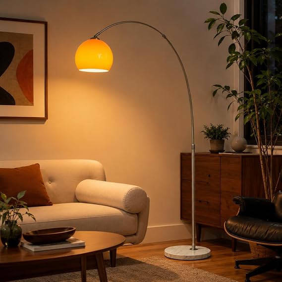 Orange Arc Floor Lamps for Living Room,Mid Century Modern,Marble Base