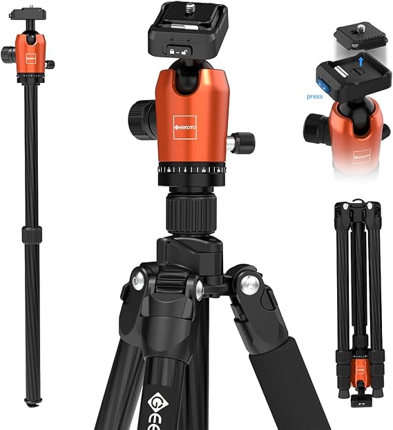 GEEKOTO 65" Carbon Fiber Tripod with 1/4" Quick Release Plate,Foldable