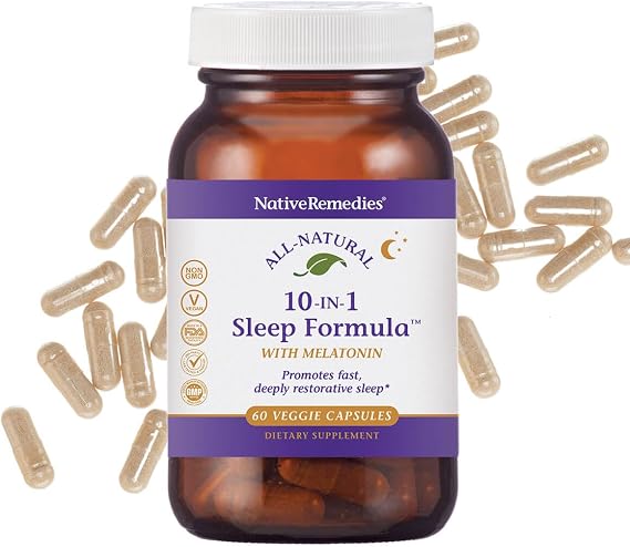 Native Remedies 10-in-1 Natural Sleep Aid for Adults & Kids 4+ Herbal Sleep Supplement with Melatonin 5mg, Magnesium, Valerian Root, Chamomile & L-Tryptophan Non-Habit Forming, Vegan, 60 Capsules