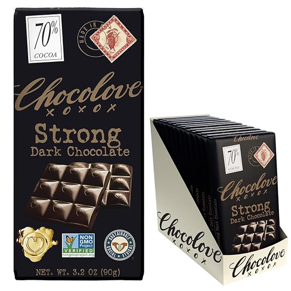 Chocolove Strong Dark Chocolate Bars | 70% Cocoa | Strong & Smooth Premium Dark Chocolate | Rainforest Alliance Certified, Non-GMO, 3.2 oz Bar (12 Pack)