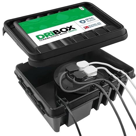 DRiBOX – Large Black IP55 Weatherproof Outdoor Electrical Connection Box 40 x 31 x 14.5cm – Power Cord Enclosure for Christmas Lights, Timers, Extension Cables, Leads, Reels, Transformers (1 Box)