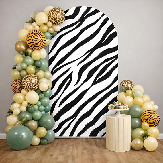Zebra Patterns Arch Covers Cartoon Safari Animals Birthday Party Decorations Top Round Chiara Arch Backdrop Stand Cover for Kids Baby Shower Banquets Parties Props(W3ftxH5ft)