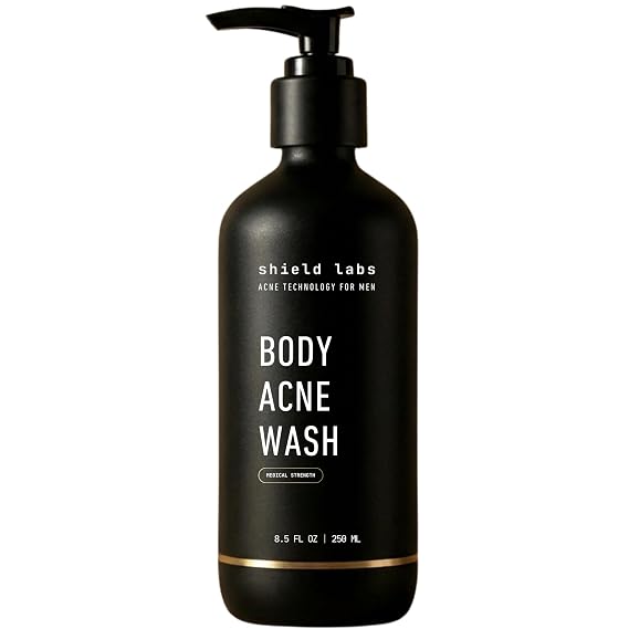 Shield Men's Acne Body Wash for Back, Chest & Shoulders - 4% Benzoyl Peroxide Body Wash, Clears Breakouts & Acne Scars Unscented with Niacinamide, Glycolic Acid & Ceramides, 8.5 oz