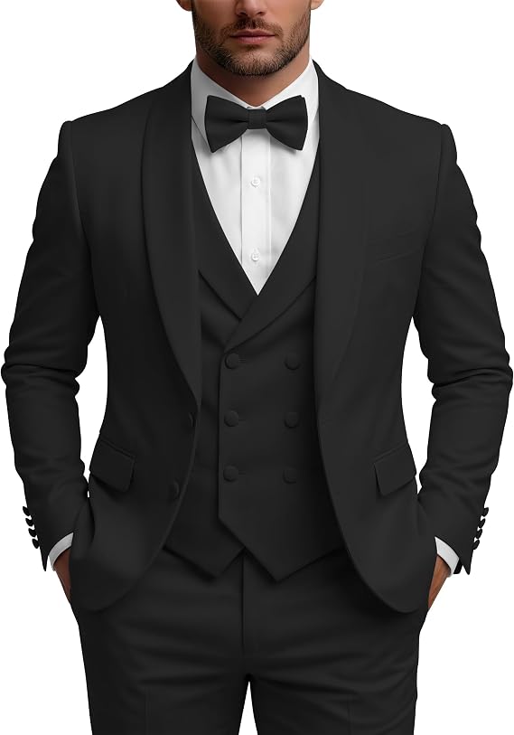 Mens Tuxedo 3 Piece Slim Fit Suit Set with Bow