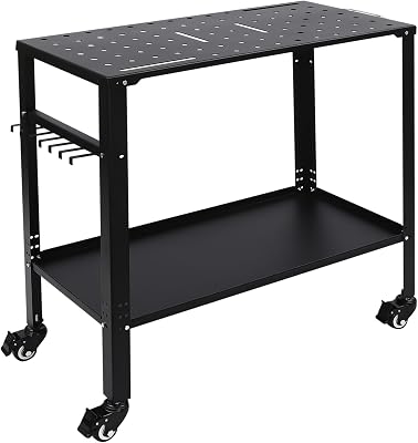 3618 Welding Table, Portable Welding Cart with Adjustable Tray & 7 Hooks, 1200lbs Load Capacity, Heavy Duty Steel Workbench Weld Table with Braked Casters for Welding Sawing