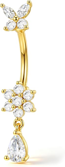 Jewseen 14G Gold Plated Belly Button Rings Butterfly Flower CZ Belly Button Piercing with Teardrop Navel Ring for Women 316L Stainless Steel Curved Barbell Gold Navel Piercing