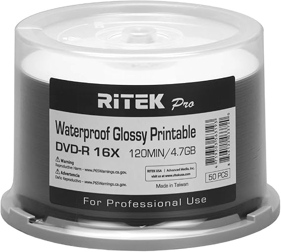 600 Ritek Pro DVD-R 4.7G Water Resistant Glossy White Inkjet Printable Disc