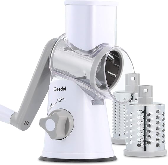 Geedel Drum Grater 3 Edelstahlklingen 12x Schneller Schneiden Starker Saugfuß Spülmaschinenfest Ergonomisches No BPA für Käse Gemüse Nüsse