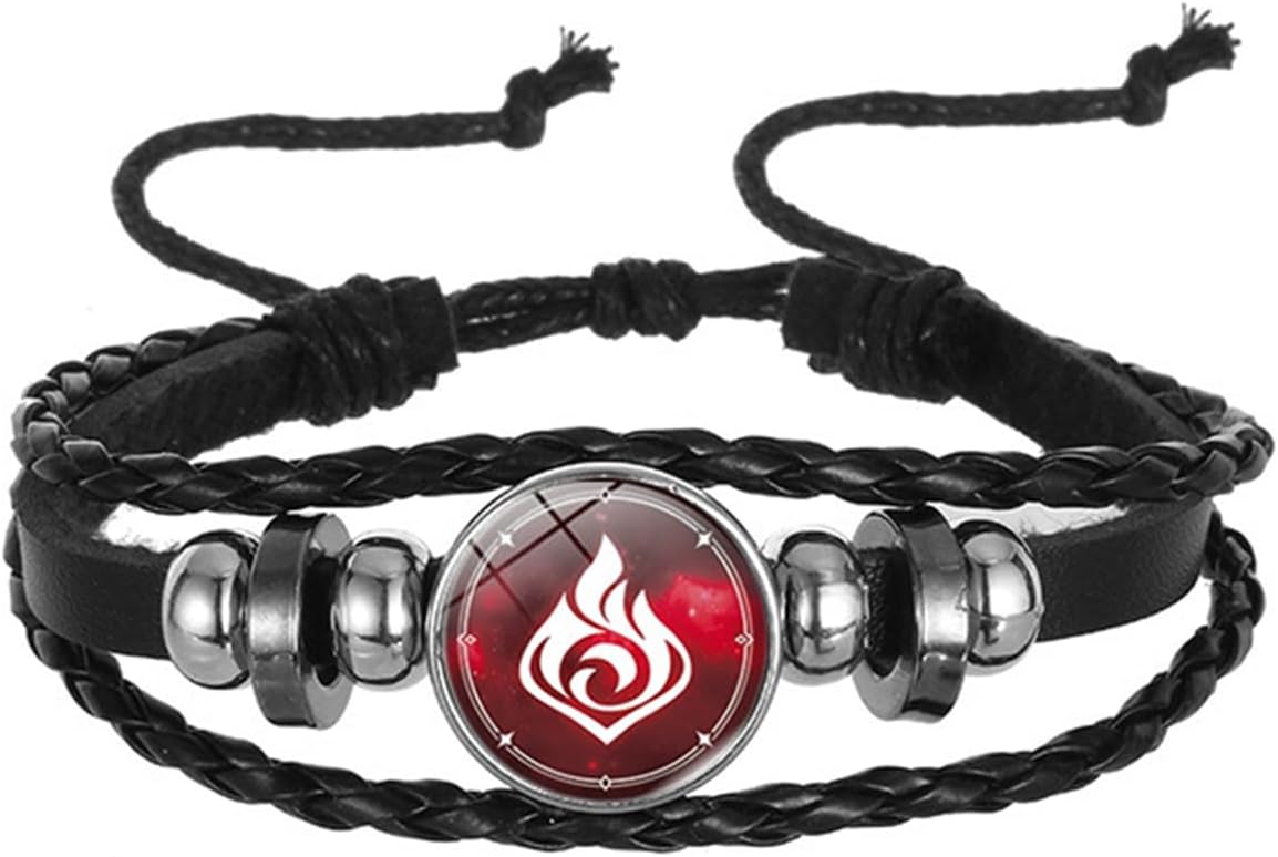 Genshin Impact Pyro Elements Leather Bracelet, Offensive Fire Attribute Unisex God's Eye Cosplay Bracelets, Adjustable Braided Rope Bangle for Fortunate Jewelry for Both Male Female Fans