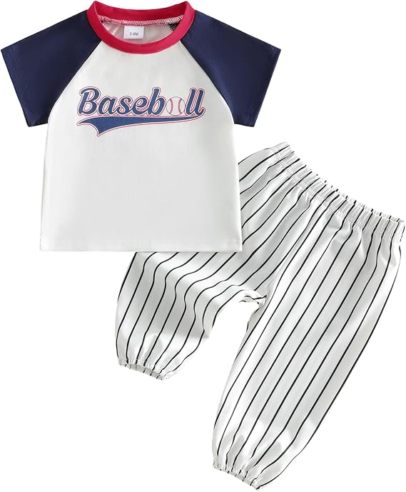 BULINGNA 2Pcs Toddler Baby Boy Summer Baseball Outfit Set Raglan Sleeve Baseball T-Shirt Top and Striped Pants Clothes
