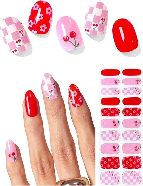 AutyaMee Semi Cured Gel Nail Strips (Summer Checkerboard), 20 Pcs Gel Nail Wraps, Stickers, Red Pink, Salon Quality, Works with Any UV Lamps