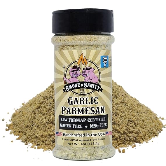 Smoke n Sanity Garlic Parmesan - Sensitive Stomach Approved - Full Flavor - Monash Certified Low FODMAP - Gluten Free - Low FODMAP Foods - (4.0 oz Shaker)